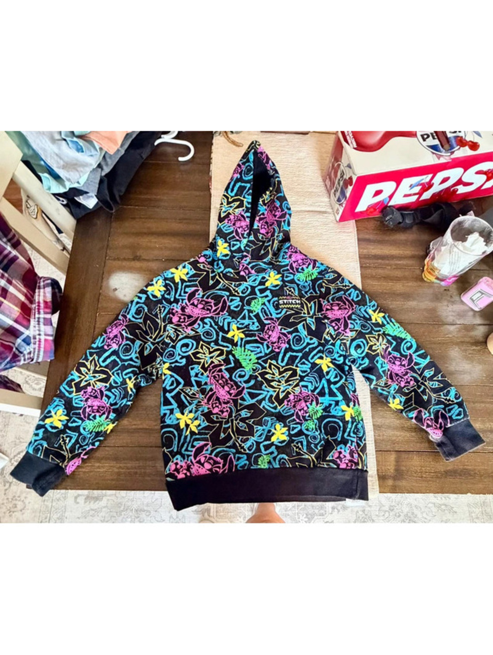 Disney Stitch Kids 7/8 Black Neon Tropical All Over Print Pullover Hoodie